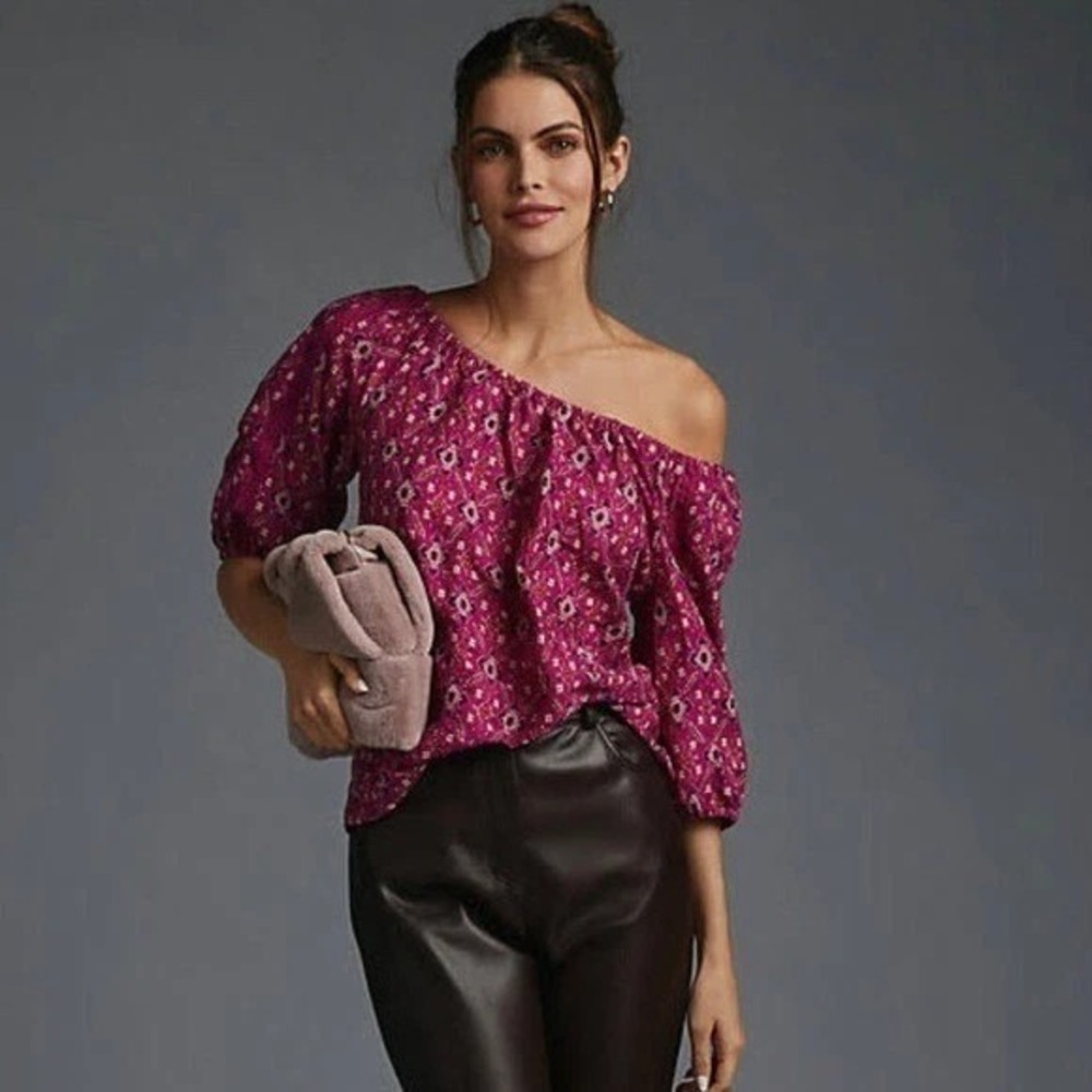 Anthropologie Womens Pink‎ Floral Off-The-Shoulder Floral Blouse Top Size Small - Picture 2 of 9